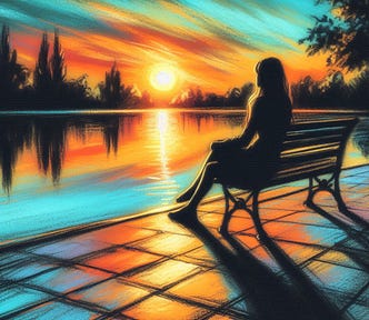 An AI-generated image of a woman in silhouette sitting on a park bench beside a lake and watching the sunset.