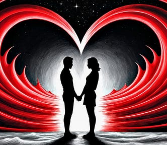 man and woman standing in red heart on dark background holding hands indicating meeting of twin flames