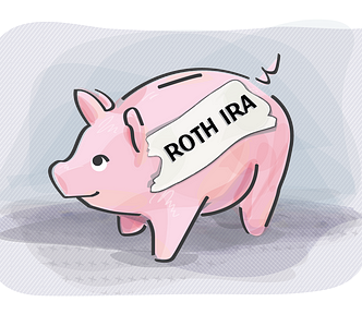 A pink piggy bank with the label “ROTH IRA.”