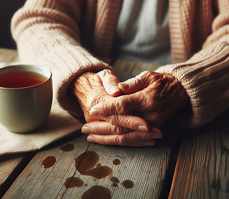 Elderly hands clasped on a wooden table, wearing a cardigan, with a slightly chipped mug of tea and spilled tea drops nearby, creating a warm and serene atmosphere