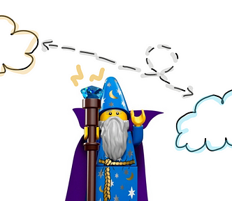 A lego wizard with an image of thought bubbles shifting from high-level to low-level thoughts