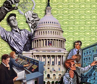 The US Capitol building. In the bottom left corner are a man and a woman sitting at a computer control panel, adjusting switches and reading a manual. In the bottom right corner are two men at another control panel. One man is looking over his shoulder at the capitol, the other is talking on a phone. Behind the Capitol looms a man in overalls, holding a giant test-tube in one hand and a set of tongs with a stylized atom. Inside the tube is a telephone.