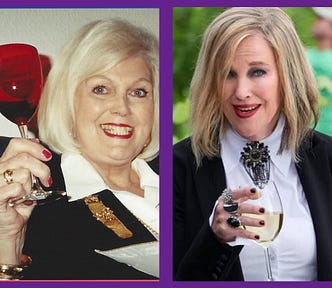 Split pic of author’s mother holiding a glass of wine one left side and Catherine O’Hara as Moira Rose holidng a glass of wine on the right side of the split pic. Both have blonde hair, blue eyes, and red lipstick. Very similar.