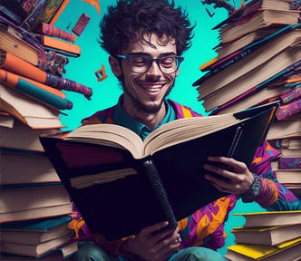 An AI image generated with the prompt “A young man happily reading multiple books while multi-tasking with extra pairs of arms, creative, artistic, slightly psychedelic, zoomed out, 8k”