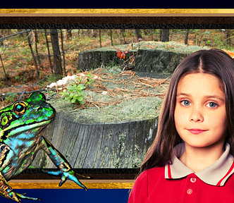 A large green frog, a stump in a wooded clearing, and a young girl with a half serious look on her face.