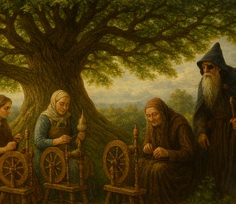 Three women spinning threads under a tree are approached by a man in a cloak, eye patch and carrying a staff