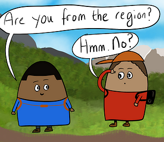 Two Blobs hiking in the southern German mountains. The blue Blob on the left wears a blue shirt, has a bob hairstyle and orange backpack. Our Blob, on the right, wears an orange baseball cap, red shirt, and black backpack. Blue blob: “Are you from the region?” Blob: “Hmm. No?”