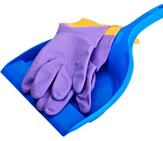A blue sweeping pan with violet rubber gloves on top of it, all on clean white background