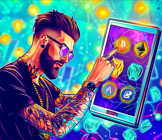 AI image created on MidJourney V6 by henrique centieiro and bee lee, a man with tattoo, glasses and beard selecting crytpocurrency via a tablet. Trending crypto sectors in 2024.
