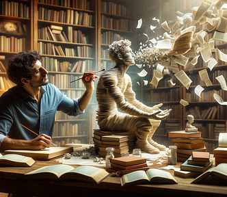 Writer in a cozy room sculpting a human figure from book pages — The Synopsis Sculptor