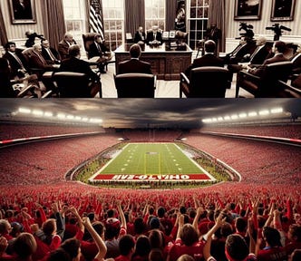 A split-screen image shows a tense meeting in the Oval Office and football stadium with thousands of fans, all wearing red.