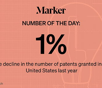 Photo illustration with text “1% The decline in the number of patents granted in the United States last year. “