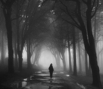 Silhouette of woman wandering between trees.