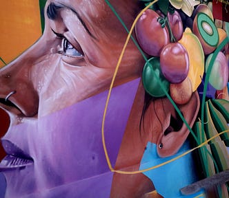 Street Art Grafitti showing the profile of a woman wearing a nose ring and flowers behind her ear