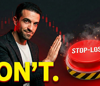 Henrique centieiro in a dark blazer holding up a “stop” gesture toward a giant glowing red “STOP-LOSS” emergency button, with a “DON’T.” caption.