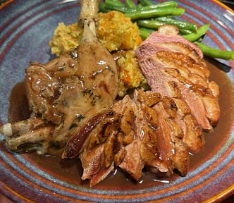 Completed and carved double-duck dinner, plated for eating!