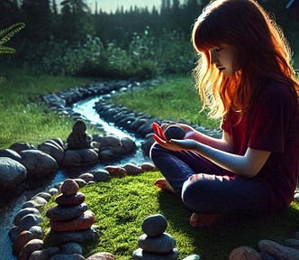 Under a moonlit and starry night, a 13-year-old, auburn haired girl sits on the edge of rock garden shaped like a creek bed between a lawn and a garden bordered by a boreal forest. She’s carefully examining different stones in her palm as though they hold secret wonders. The mood is serene, peaceful, safe and mystical.