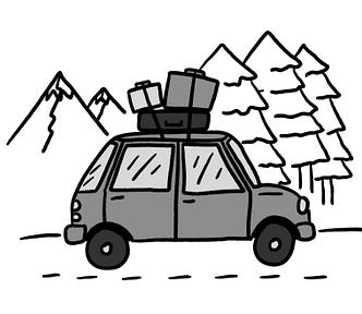 Illustration of a car with suitcases strapped on top, driving along a mountain road.