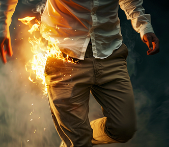 AI image of a guy with his pants on fire (fake news)