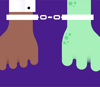 Image of human handcuffed to an alien.