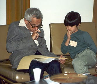 Erdős influenced many young mathematicians, including Terence Tao, who went on to receive received the Fields Medal in 2006, and was elected a Fellow of the Royal Society in 2007. Photo taken in 1985 at the University of Adelaide, by either Billy or Grace Tao.