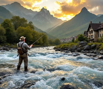 An old man, adorned with fly-fishing gear, stands poised in a rushing Pyrenees river, casting under a vibrant sunrise. A quaint village nestles against lush, mountainous backdrops, bathed in golden hues.