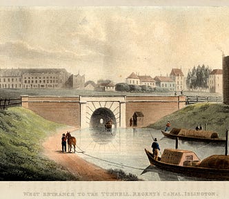 An 1822 aquatint print illustrating the west entrance to the recently built Regent’s Canal tunnel at Islington, north London. Two horse-drawn narrowboats can be seen on the canal, one about to enter and one leaving. The surrounding area is mainly fields, although a few large buildings can be seen.