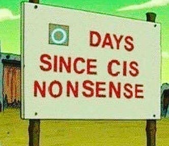 A jobsite style sign counting the days since the last injury. Sign reads “0 Days Since Cis Nonsense,” in red text on a cream background.