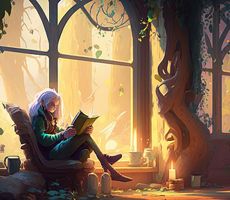 a female elf sitting reading by a cozy fire (pen2profit facebook group for writers)