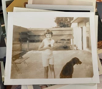 Old faded Polaroid photo of author at 6yrs standing on a patio next to a wooden picnic table. She’s holding a tiny puppy dog. Brown mother dog sits at her feet in profile.