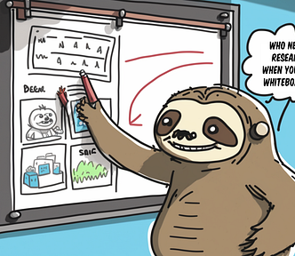 Sloth in front of a whiteboard saying “who needs research when you have whiteboards?”