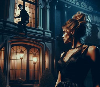 Gothic Style. Outside an opulent home, in the dead of night, an attractive woman watches a man in dark clothes climbing into the house through a bedroom window. He looks back at the woman with an expression of uncertainty. The mood is creepy and ominous.
