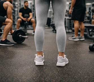 A knee-level view of a woman standing in a gym, surrounded by men exercising with weights in the background.