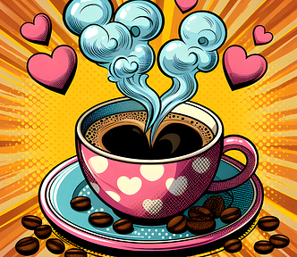 Bright coloured ink dot drawing of a pink coffee cup decorated with hearts, exploding with love.