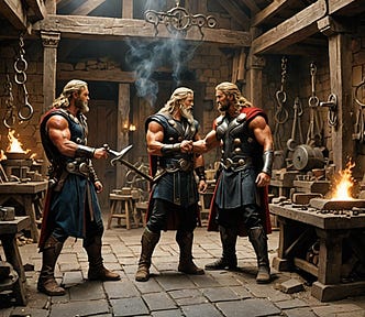 Gods arguing in a blacksmith’s shop.
