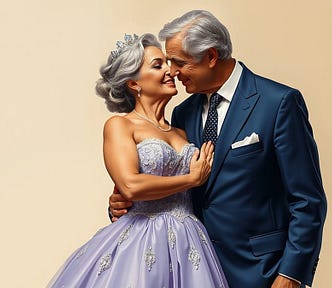 Image shows an older man in a suit and an older woman in a ballgown and a tiara on her hair, hugging and looking into each other’s eyes.
