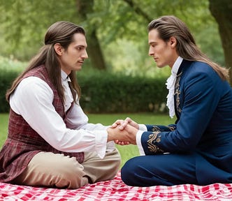 AI image of 2 men holding hands. They are sitting on a picnic blanket, wearing Victorian clothing, and they both have long hair.