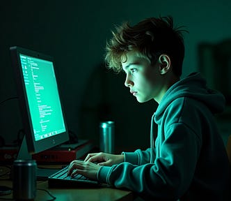 A boy typing commands on his computer