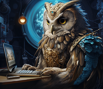 Midjourney Website, owl using the computer