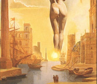 Salvador Dali painting of a harbor at sunrise with the backside of a nude woman in the background above the sun, a hand holding her hair, forming a cloud shape, boats on the water, building on each side, and people standing on the pier.