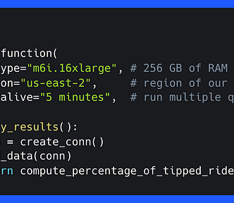 Code snippet of using the coiled.function decorator to run a query with DuckDB on a large VM in the cloud