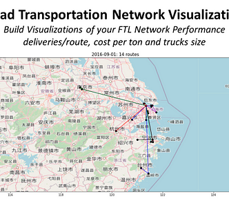A geographic map displaying a road transportation network in China with nodes connected by lines representing Full Truck Load (FTL) routes. The visualization includes route paths with metrics like delivery count, cost per ton, and truck size generated with Python. The map helps assess performance across different routes and locations. This visualization is useful for optimizing transportation efficiency and cost.