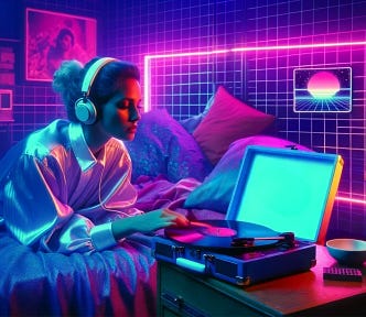 A woman listens to a vinyl record in a neon, synthwave bedroom.