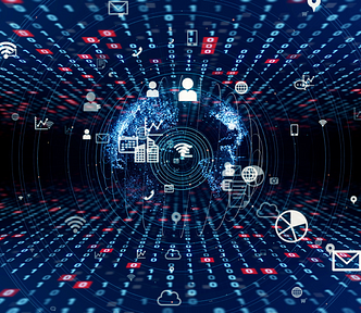 icons of people, wifi, graphs, documents and email in the realm of digital reality showed as numbers.