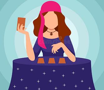 Image of cartoon tarot reader holding one card in hand with three more cards spread on the table in front of her