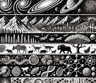 A generated image showing different scales of nature with galaxies at the top and creatures in the middle and atoms and cells at the bottom