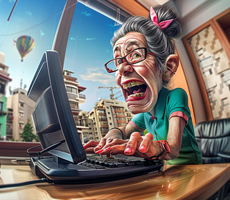 Caricature of an elderly woman with exaggerated features energetically typing on a computer in a home office, with a phone and a hot air balloon visible through the window.