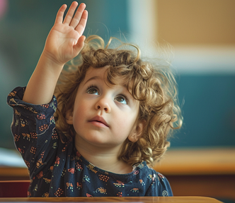 A child raising their hand to ask a question