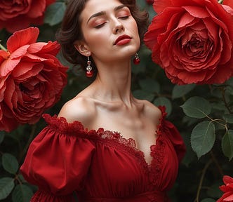 A woman surrounded by flowers.