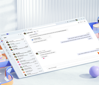 A colorful, 3D rendered image of the new Teams experience. A layer of UI is show that depicts the chat and channels experience, along with playful elements such as emoji and profile pictures.